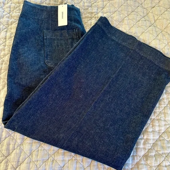 SPANX Raw Indigo Wash Zero waistband Crop Wide Leg Jeans NWT - Picture 3 of 4